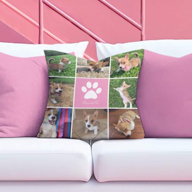 Anpassningsbar Hund Photo Collage Rosa Paw Skriv u Kudde (Skapare uppladdad)