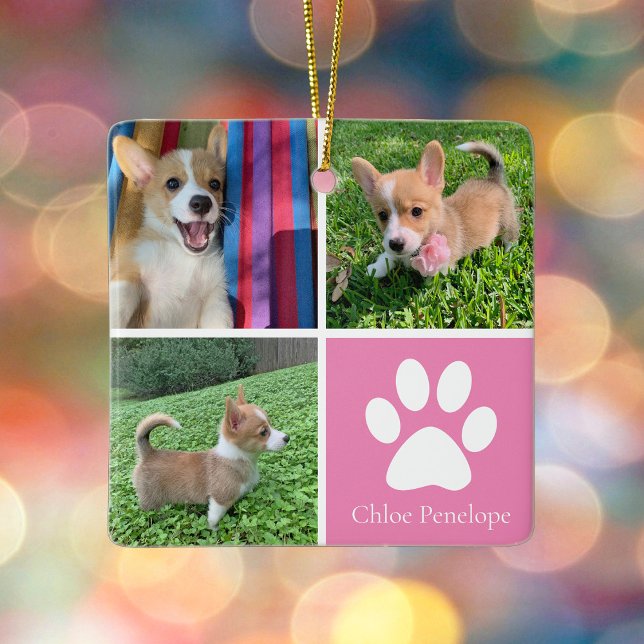 Anpassningsbar Hund Photo Collage Söt Rosa Dubbla  Julgransprydnad Keramik (Skapare uppladdad)