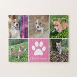 Anpassningsbar Hund Photo Collage Söt Rosa Pet Paw Pussel<br><div class="desc">Det här vackra fotolpusslet från valpen är personlig med det vackra bilderna av din söta hund. Anpassa den här chicen med egna fotografier av anpassningsbarnas valp runt en söt rosa fyrkant med ett sött vitt färgutskrift och hund namn i mitten.</div>
