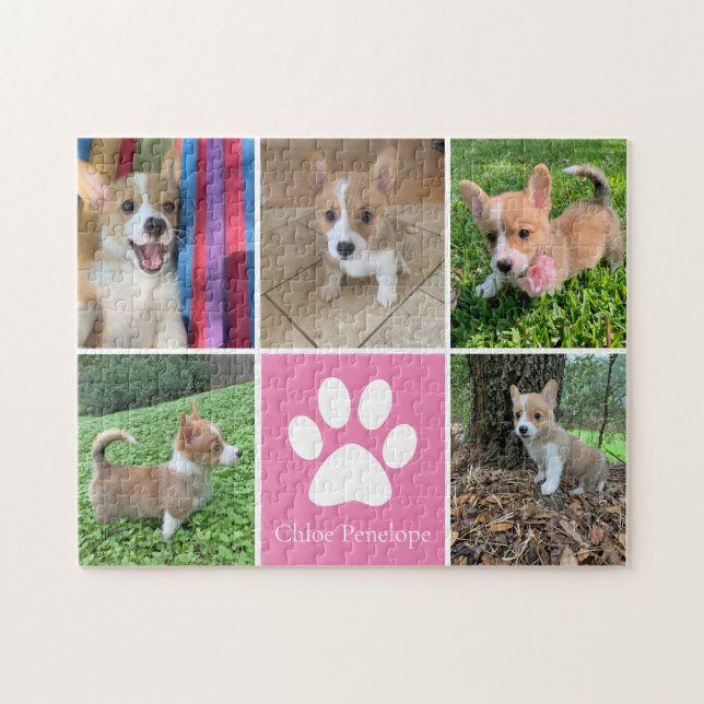 Anpassningsbar Hund Photo Collage Söt Rosa Pet Paw Pussel (Horisontell)