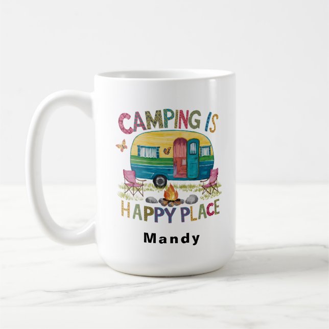 Anpassningsbar husvagn "Camping är lycklig plats" Kaffemugg (Vänster)