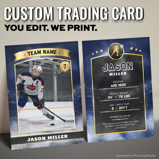 Anpassningsbar Ice Hockey Trading Card Blue Guld S (Custom Trading Card, Editable Ice Hockey Trading Card, Modern Blue Gold Stadium Design)
