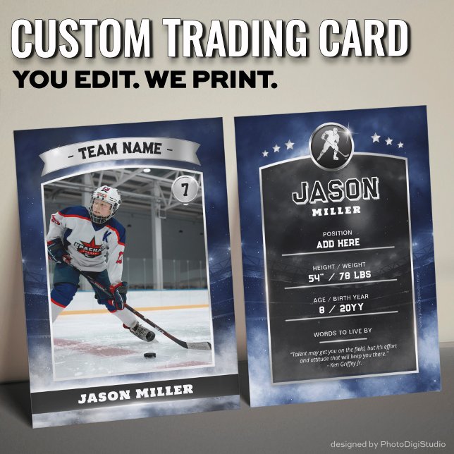 Anpassningsbar Ice Hockey Trading Card Blue Silver (Custom Trading Card, Editable Ice Hockey Trading Card, Modern Blue Silver Stadium Design)