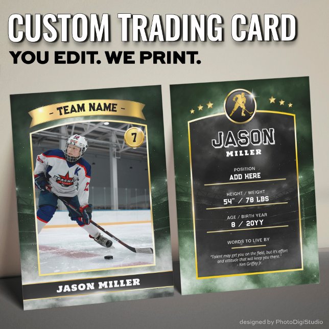 Anpassningsbar Ice Hockey Trading Card Grönt Guld  (Custom Trading Card, Editable Ice Hockey Trading Card, Modern Green Gold Stadium Design)