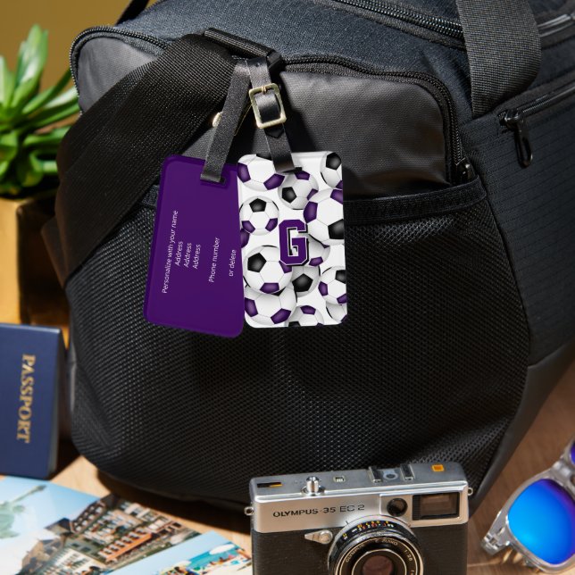 anpassningsbar idrottsman monogram lila svarta fot bagagebricka (Fram & Baksida)