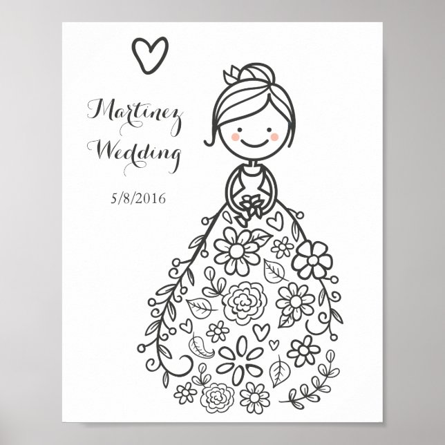 Anpassningsbar Illustrated Bröllop Bride Coloring  Poster (Framsidan)
