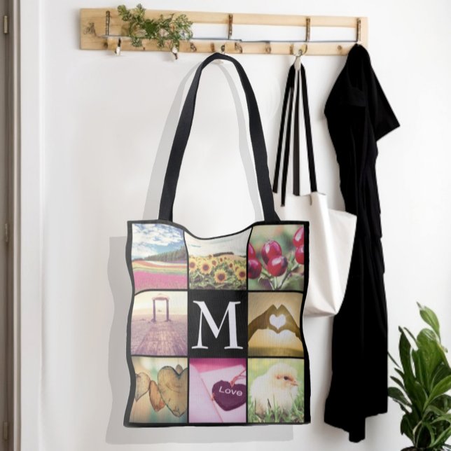 Anpassningsbar Inagram fotokollage namn initial Tygkasse (Photo collage name initial monogram tote bag)