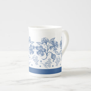 Anpassningsbar Indigo Blue Blommigt Gräns Bone Chi Benporslin Mugg