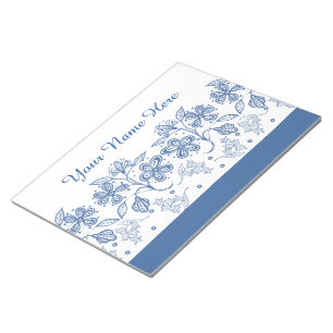 Anpassningsbar Indigo Blue på White Blommigt Gräns Anteckningsblock