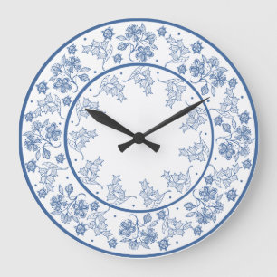 Anpassningsbar Indigo on White Blommigt Gräns Wall Stor Klocka