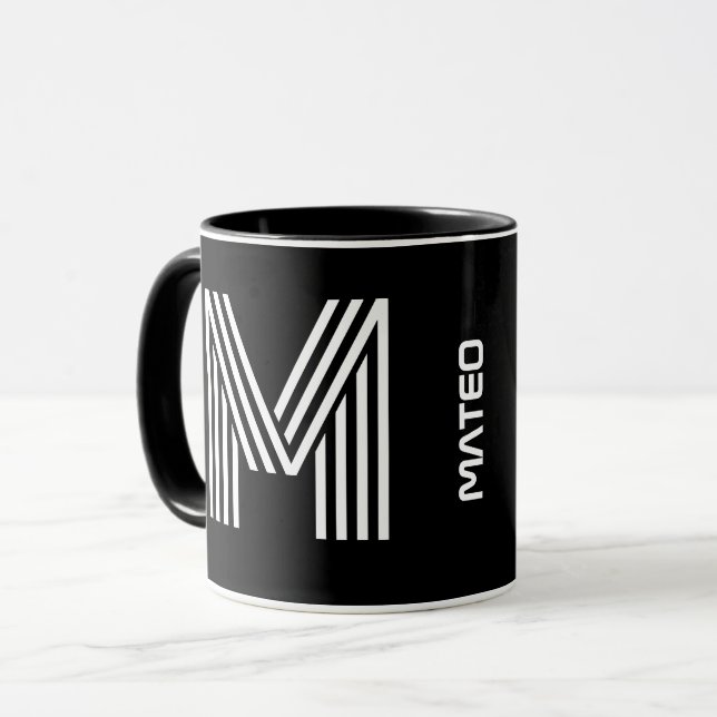 Anpassningsbar Initial & Namn | Modern svart Monog Mugg (Framsida vänster)
