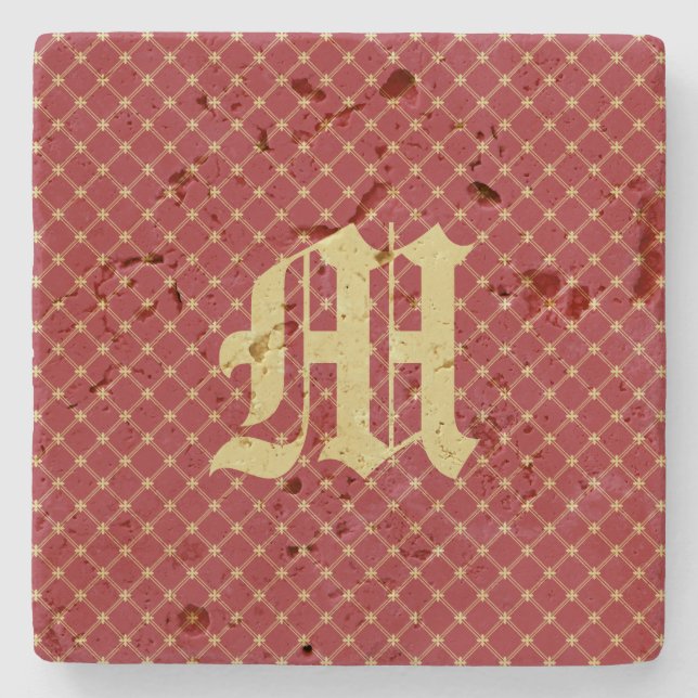 Anpassningsbar Initial Tudor Red och Guld Mönster Underlägg Sten (Framsidan)