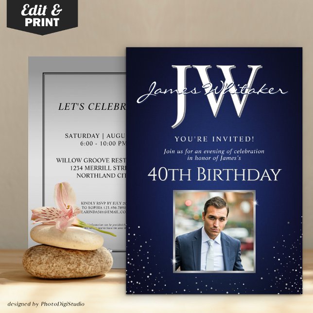 Anpassningsbar Initialer Elegant 40:e födelsedagen Inbjudningar (Custom Initials Elegant 40th Birthday Blue Silver Invitation)