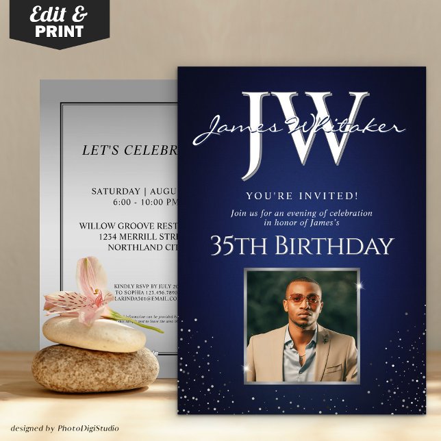 Anpassningsbar Initialer Elegant Birthday Blue Sil Inbjudningar (Custom Initials Elegant Birthday Blue Silver Invitation)