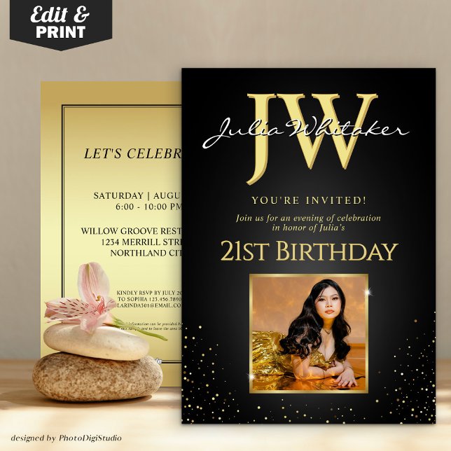 Anpassningsbar Initialer Elegant Black Guld 21:a f Inbjudningar (Custom Initials Elegant Black Gold 21st Birthday Invitation)
