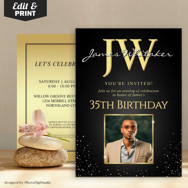 Anpassningsbar Initialer Elegant Black Guld 35e fö Inbjudningar (Custom Initials Elegant Black Gold 35th Birthday Invitation)