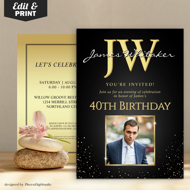 Anpassningsbar Initialer Elegant Black Guld 40:e f Inbjudningar (Custom Initials Elegant Black Gold 40th Birthday Invitation)