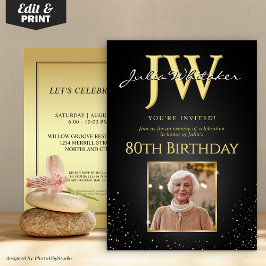 Anpassningsbar Initialer Elegant Black Guld 80:e f Inbjudningar