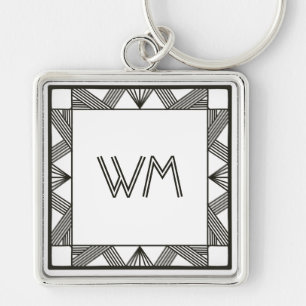 Anpassningsbar Initialer Elegant Modern Black Chic Fyrkantig Silverfärgad Nyckelring