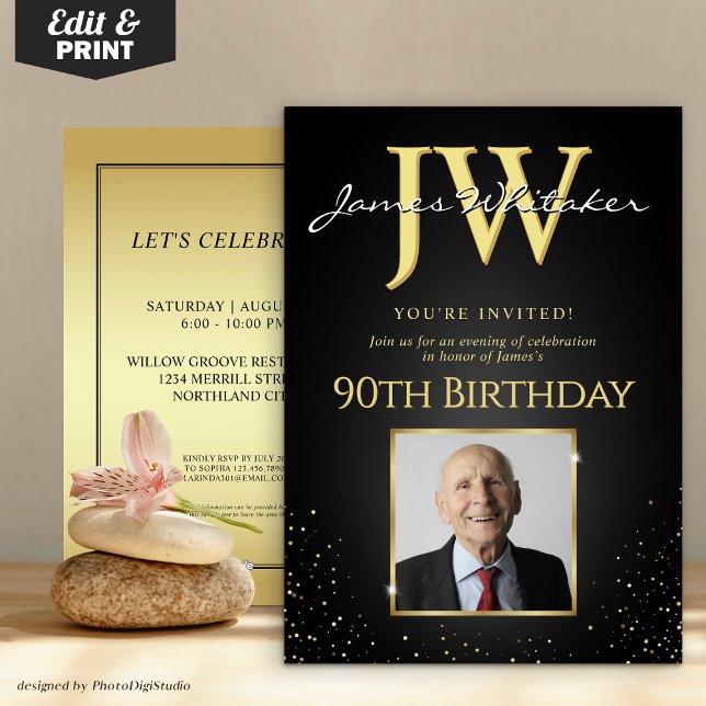 Anpassningsbar Initialer Elegant Svarta Guld 90:e  Inbjudningar (Custom Initials Elegant Black Gold 90th Birthday Invitation)