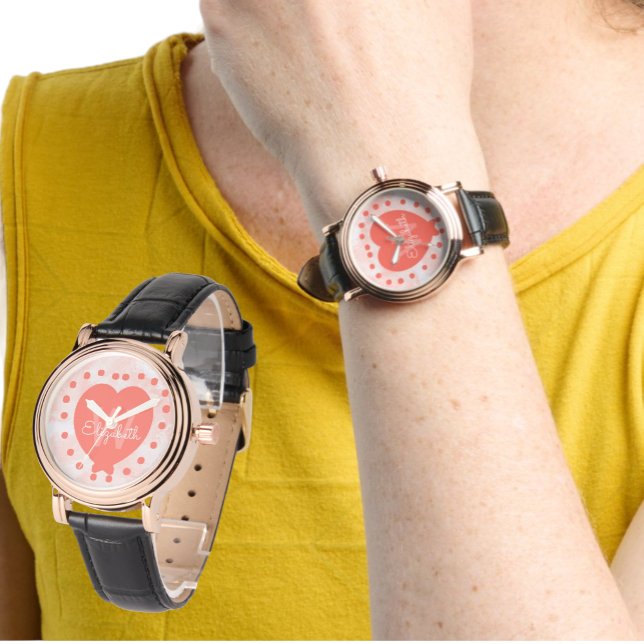 Anpassningsbar Inledande monogram koralt vattenfär Armbandsur (orange heart monogram and name template watch face)