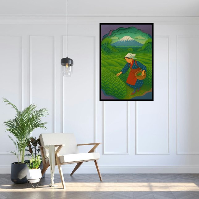 Anpassningsbar Japan Travel Ligcape Aesthetic Mt.F Poster (Tea field and Mt. Fuji in Shizuoka, japan.  Paper cutting style art.)