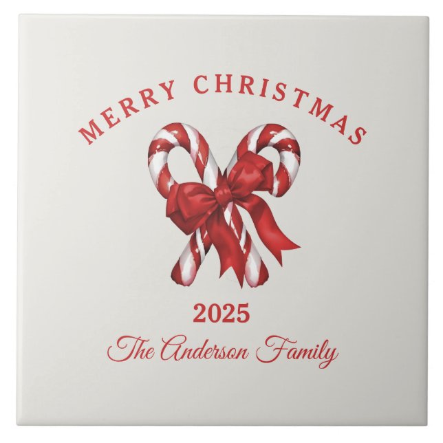 Anpassningsbar jul candy cane med båge kakelplatta (Framsidan)