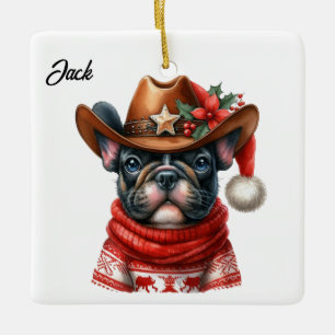 Anpassningsbar Jul Fransk Bulldog med Cowboy Hat Julgransprydnad Keramik