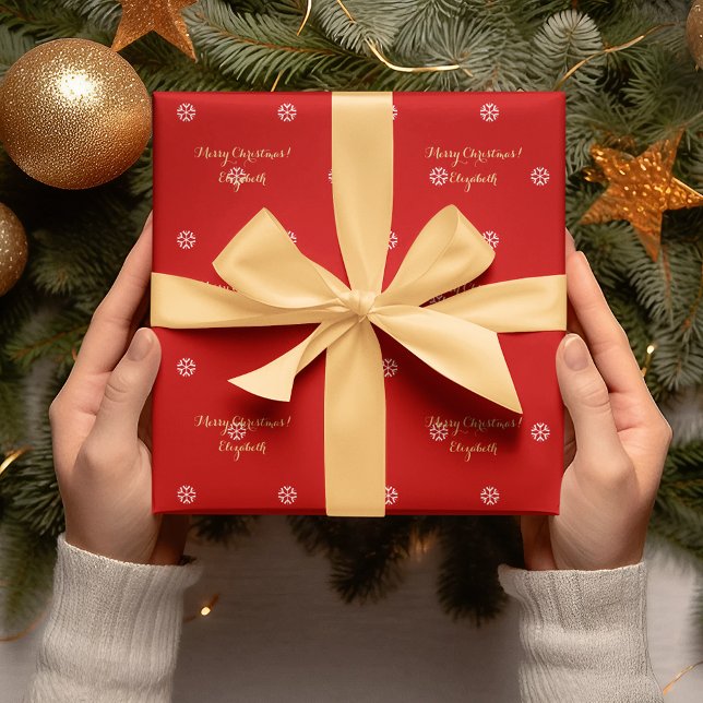 Anpassningsbar Jul Red Snöflingor Faux Guld skript Presentpapper (Custom Christmas Red Snowflakes Faux Gold Script Wrapping Paper)