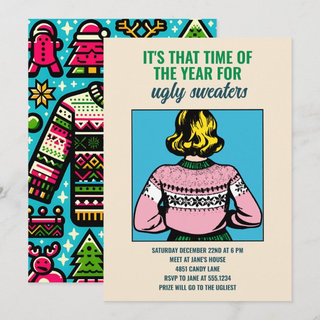 Anpassningsbar Jul - Ugly Sweater Party Pop Art Inbjudningar (Fram/baksida)