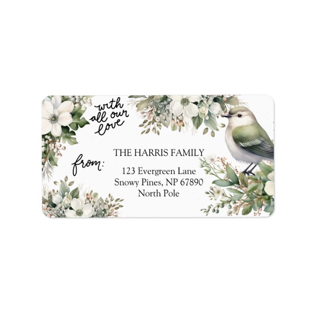 Anpassningsbar Julblommor och fågel - hela Kärlek Adressetikett (Framsidan)