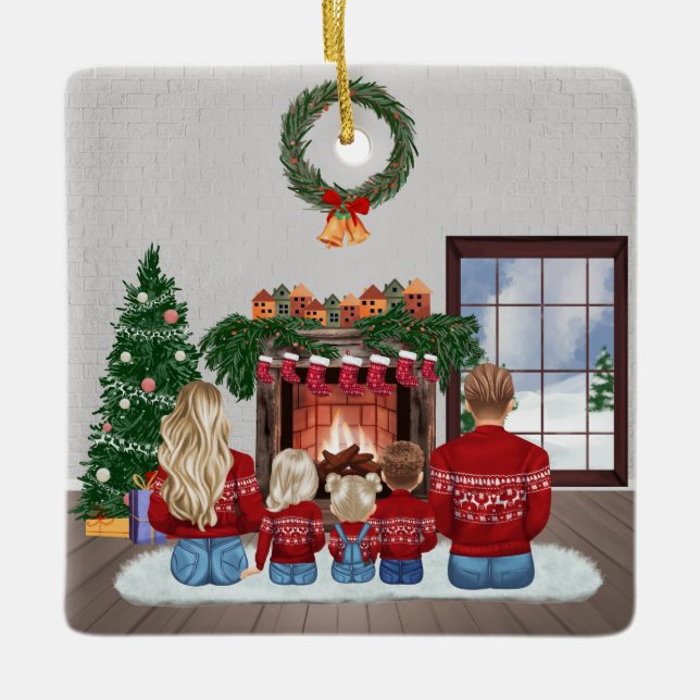 Anpassningsbar julfamiljeporträttpresent julgransprydnad keramik (Framsida)