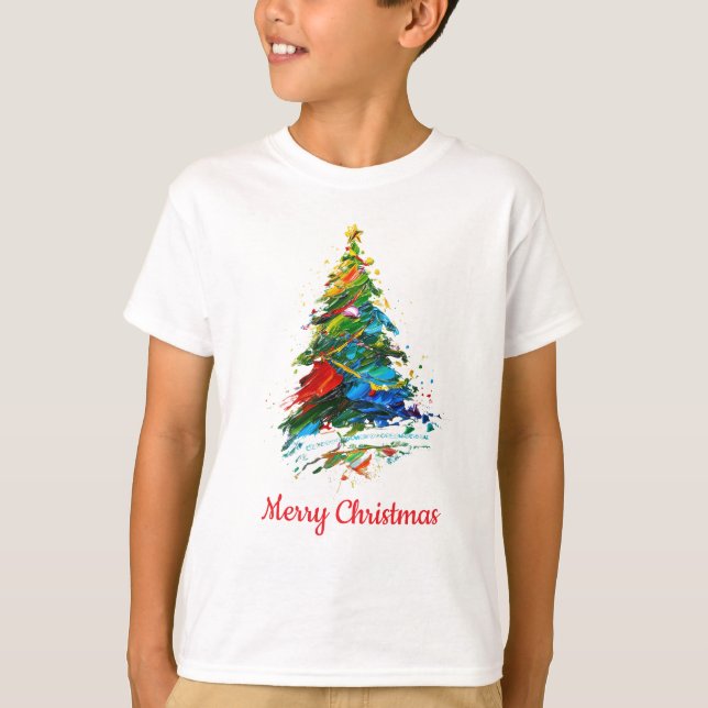 Anpassningsbar julgran oljemålning barn t shirt (Framsida)