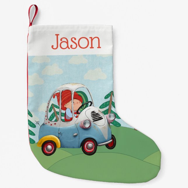 Anpassningsbar Juli - Elf i bil Liten Julstrumpa (Framsidan)