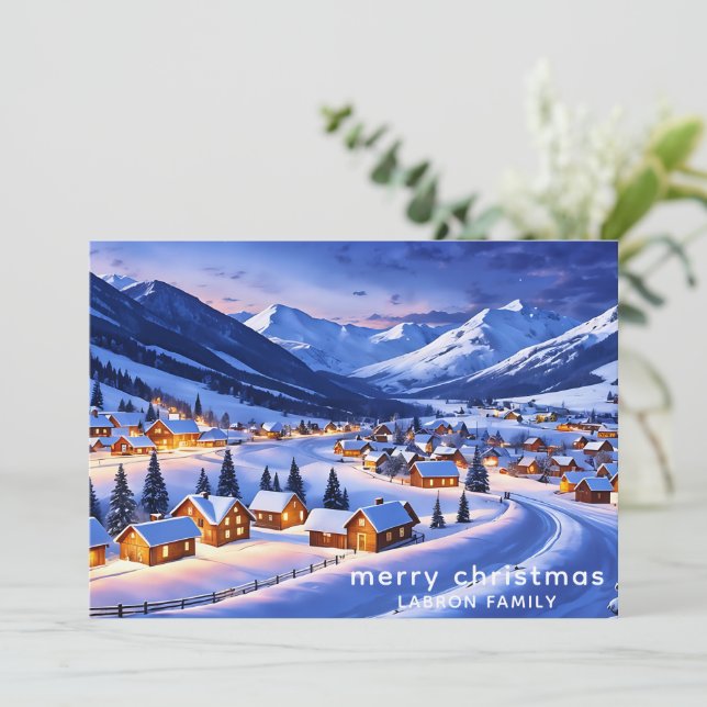 Anpassningsbar julkort, snöig nordisk by julkort (Stående Fram)