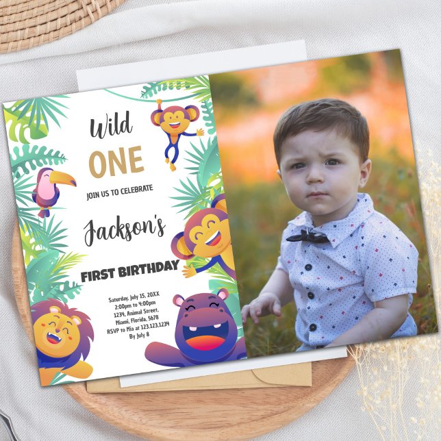 Anpassningsbar Jungle Safari Kids Party Inbjudan (Wild One Birthday Invitations with photo)