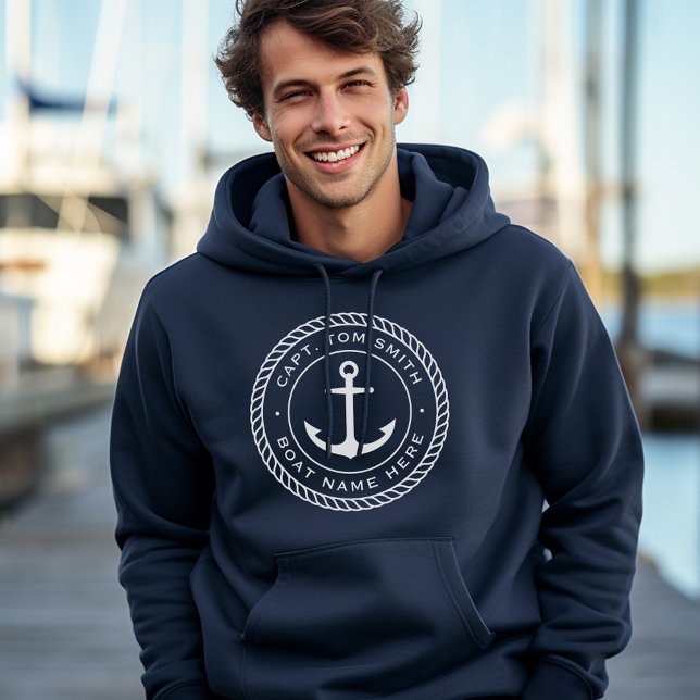 Anpassningsbar kapten och namn ankarrep gräns hoodie (Custom captain and boat name anchor rope border hoodie)