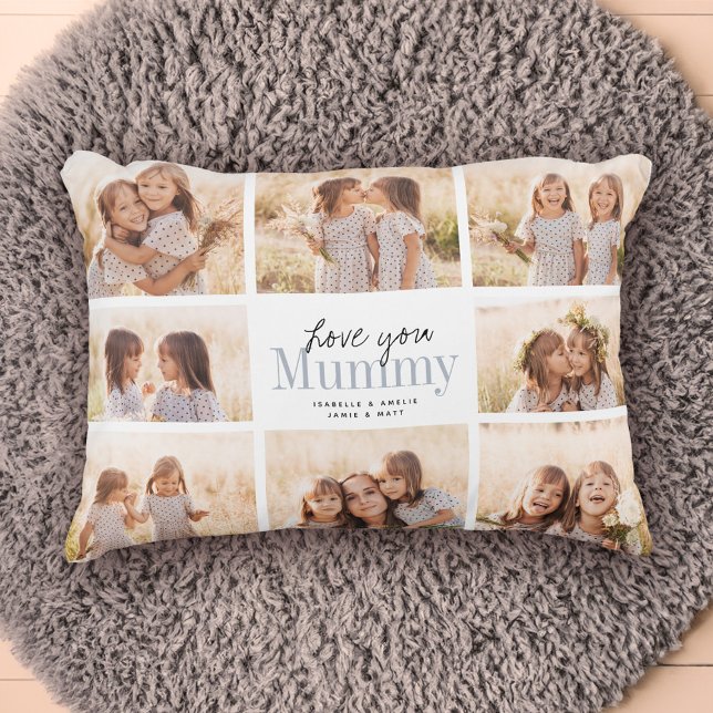 Anpassningsbar Kärlek You Mummy Mors dag Photo Col Prydnadskudde (Love you Mummy! Beautiful modern family photo collage gift for a beloved mother!)