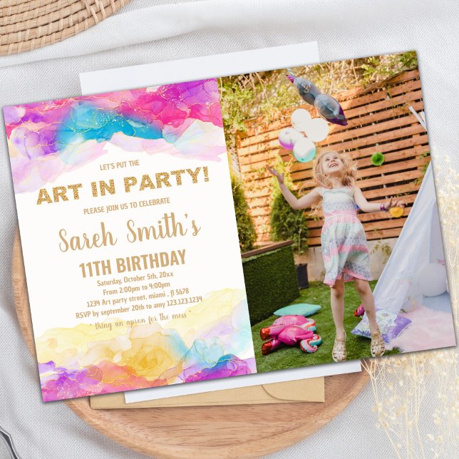 Anpassningsbar Kids Art Party Inbjudan (Purple Paint Birthday Invitations with photo)