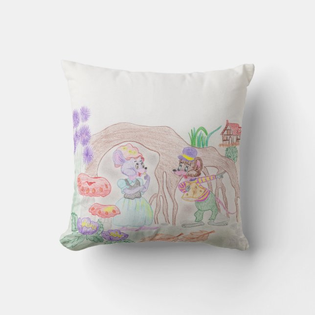 Anpassningsbar Kids Artwork, två söta mus, blommor Kudde (Framsida)