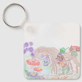 Anpassningsbar Kids Artwork, två söta mus, blommor Nyckelring