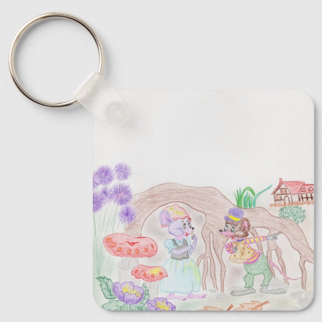 Anpassningsbar Kids Artwork, två söta mus, blommor Nyckelring (Framsida)