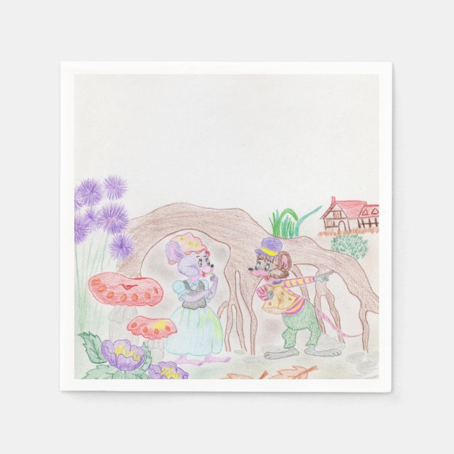 Anpassningsbar Kids Artwork, två söta mus, blommor Pappersservett (Framsidan)