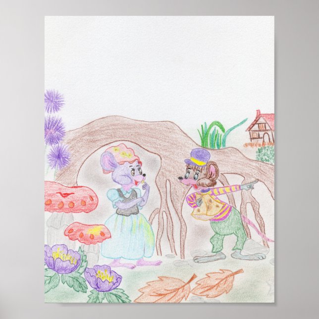 Anpassningsbar Kids Artwork, två söta mus, blommor Poster (Framsidan)