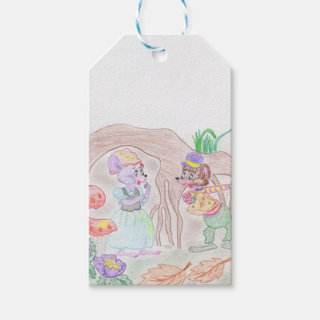 Anpassningsbar Kids Artwork, två söta mus, blommor Presentetikett (Framsidan)