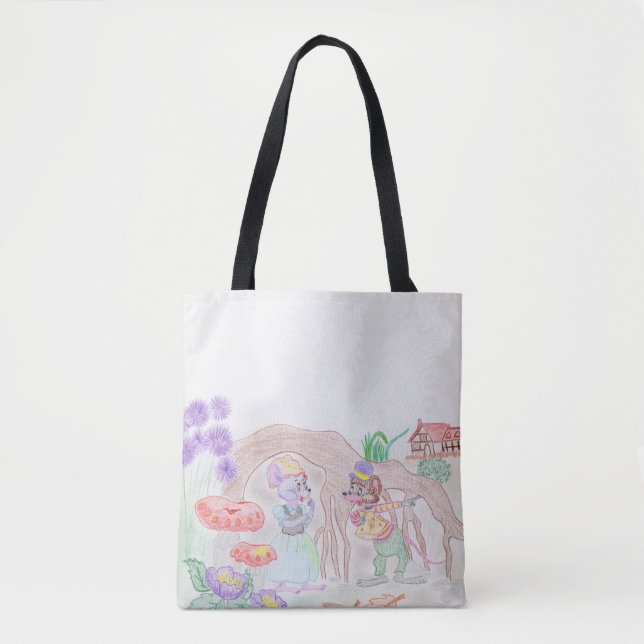 Anpassningsbar Kids Artwork, två söta mus, blommor Tygkasse (Framsida)