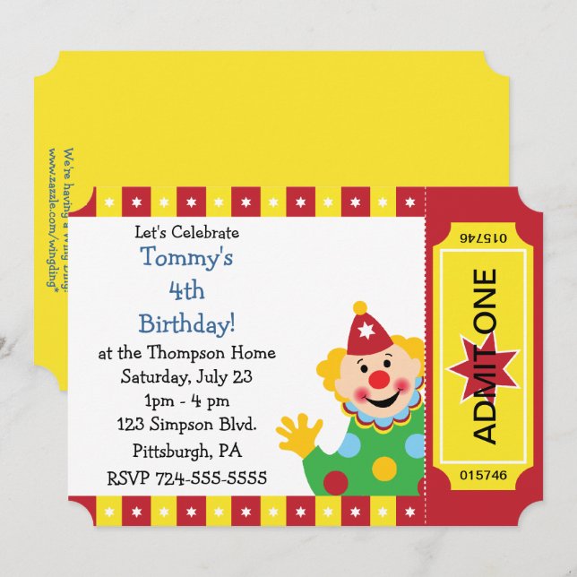 Anpassningsbar Kids Clown Födelsedagsfest Inbjudningar (Fram/baksida)