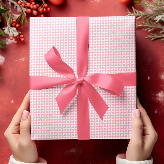 Anpassningsbar Kids Flicka Rosa White Checks Guld  Presentpapper (Custom Kids Baby Girl Pink White Checks Gold Text Wrapping Paper)