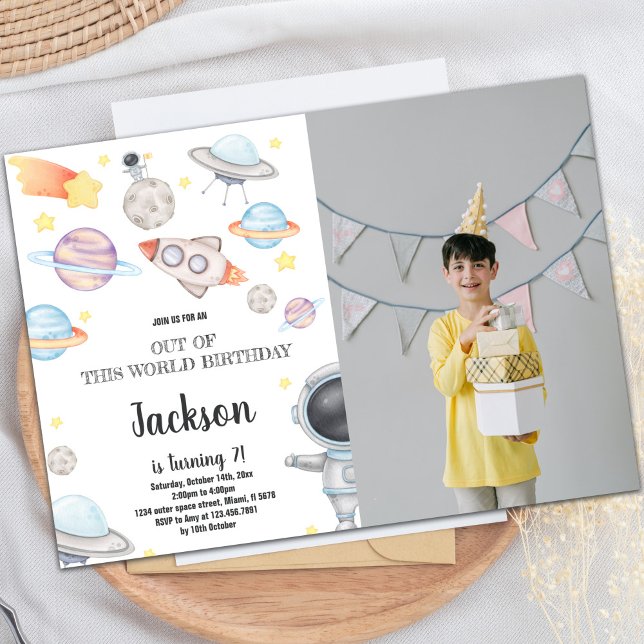 Anpassningsbar Kids Galaxy Party Inbjudan (Outer Space Birthday Invitations with photo)