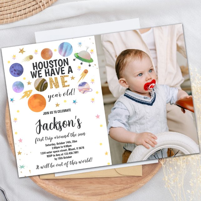 Anpassningsbar Kids Galaxy Party Inbjudan (Glitter Outer Space Birthday Invitations w photo)